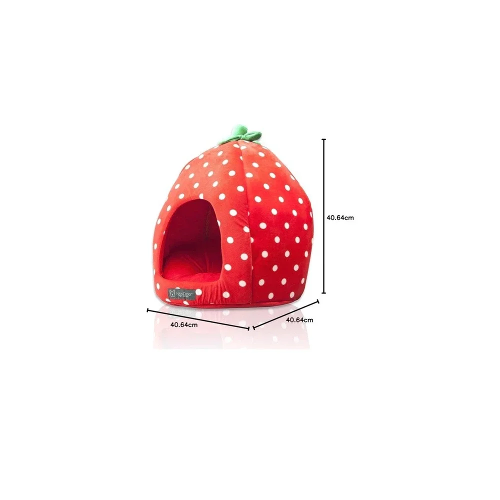Nandog Pet Gear Strawberry Dog Cat Bed House Red Polka Dot Plush Cave 16in